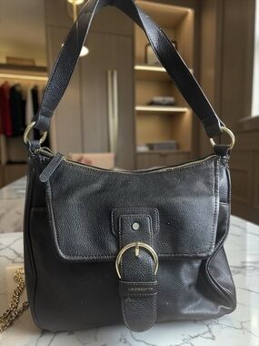 Liz Claiborne Black Leather Shoulder Bag with Gold-Tone Ring Accent
